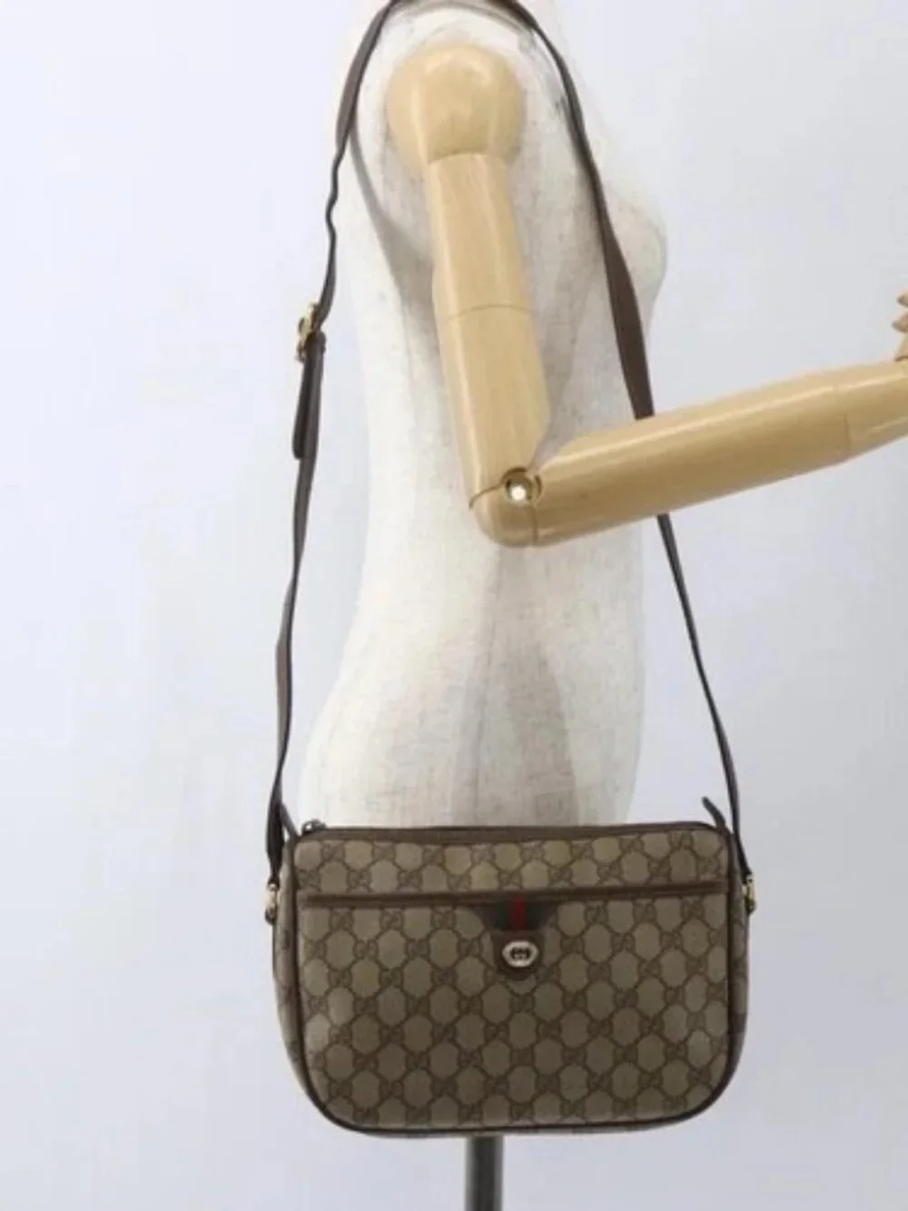 GUCCI GG Supreme Web Sherry Line Bag PVC Beige Gold 89 02 077 Auth 165219 - Picture 14 of 16